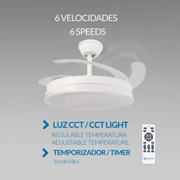 Iluminashop - Ventilador de Techo con luz Led White Olga, Mando a Distancia, Motor DC, 6 velocidades, Silencioso, Aspas retráctiles, función verano-invierno, temporizador, CCT - Image 2