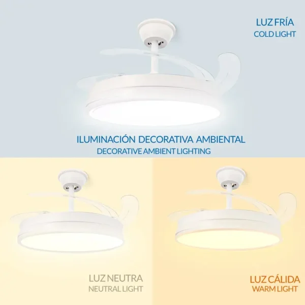 Iluminashop - Ventilador de Techo con luz Led White Olga, Mando a Distancia, Motor DC, 6 velocidades, Silencioso, Aspas retráctiles, función verano-invierno, temporizador, CCT - Image 6