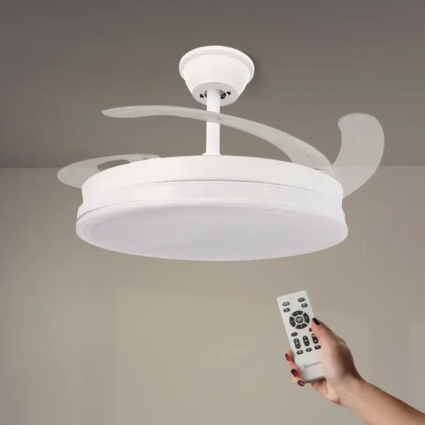 Iluminashop - Ventilador de Techo con luz Led White Olga, Mando a Distancia, Motor DC, 6 velocidades, Silencioso, Aspas retráctiles, función verano-invierno, temporizador, CCT